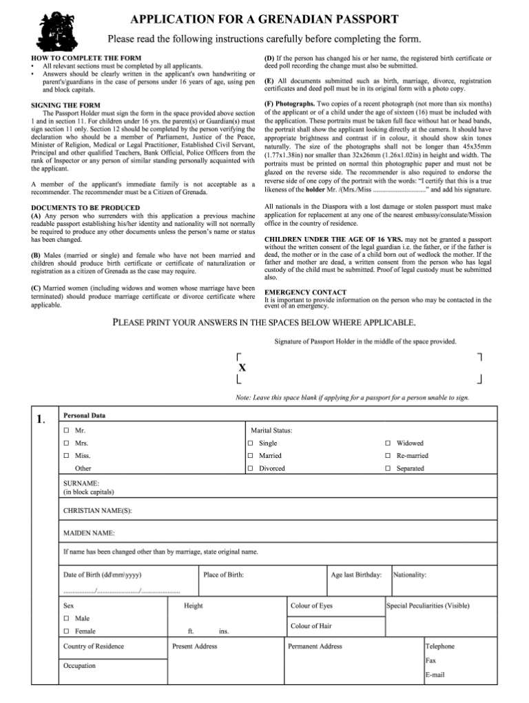 Grenada Passport Form Fill Online Printable Fillable