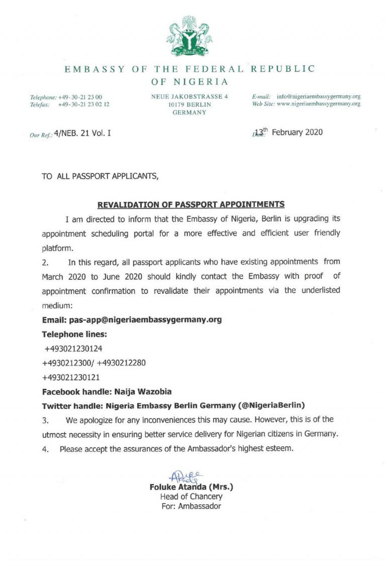 Nigerian Embassy Berlin Important Information For Passport Applicants